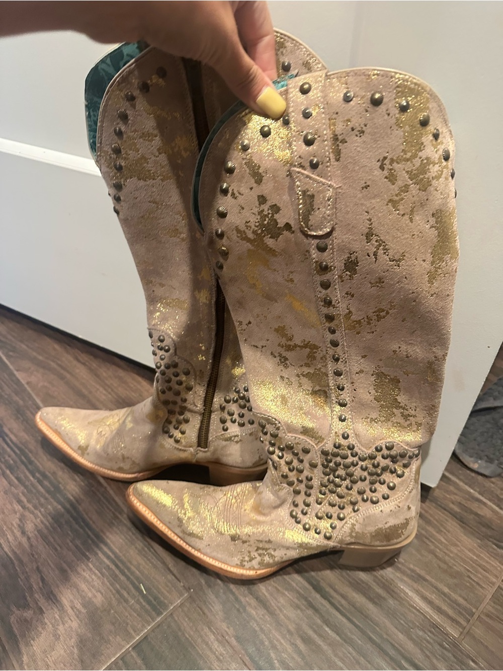 Corral Gold and Taupe Metallic Studded Knee-High Western Boots - Picture 3 of 4